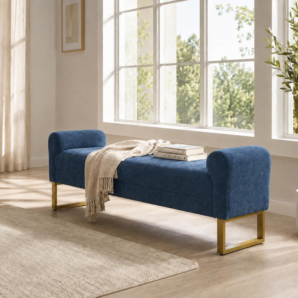 65.75" Storage Ottoman Bench, End of Bed Bench for Bedroom | Hidden Storage, Gold Metal Legs, Chenille Upholstered Seat And Modern Design For Living Room, Entryway Or Window Seating