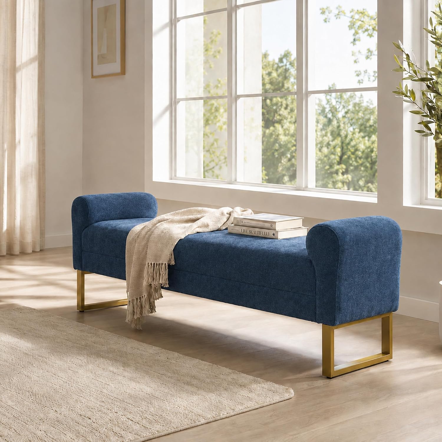 65.75" Storage Ottoman Bench, End of Bed Bench for Bedroom | Hidden Storage, Gold Metal Legs, Chenille Upholstered Seat And Modern Design For Living Room, Entryway Or Window Seating