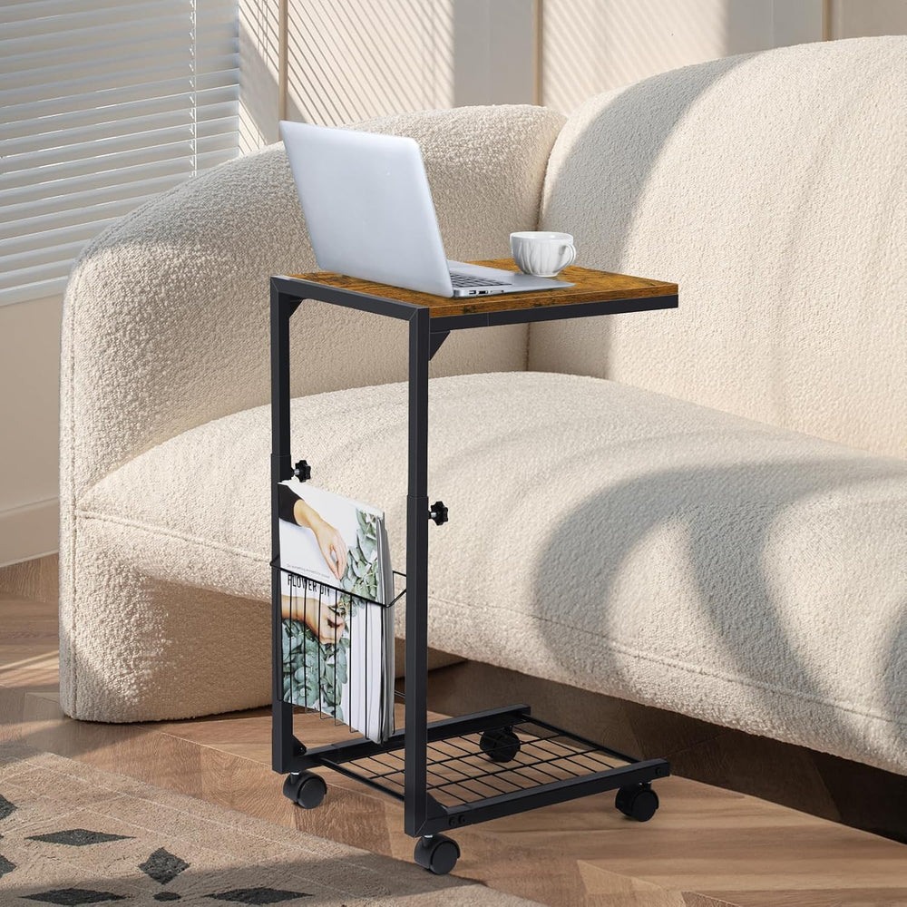 C Shaped Side Table Small End Table with Wheels Slide Under Couch Table for S...
