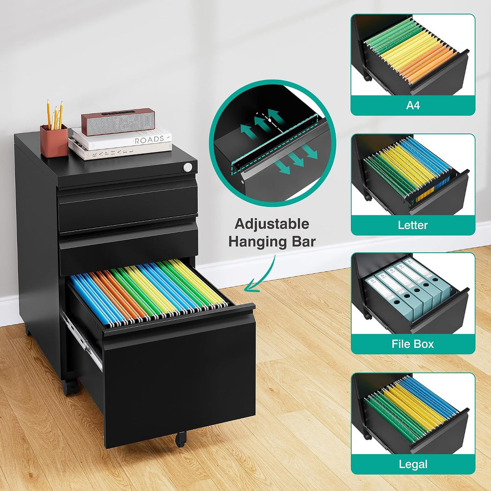 SISESOL 3 Drawer Mobile File Cabinet with Lock,Black Under Desk File Cabinets...