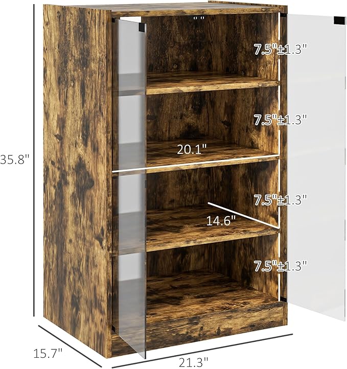 HOMCOM Media Cabinet, 4-Tier Stereo Cabinet for Vinyl Record Player, Gaming Console, AV Record Player Stand with Adjustable Shelves, Push-to-Open Glass Doors and Cable Management, Rustic Brown