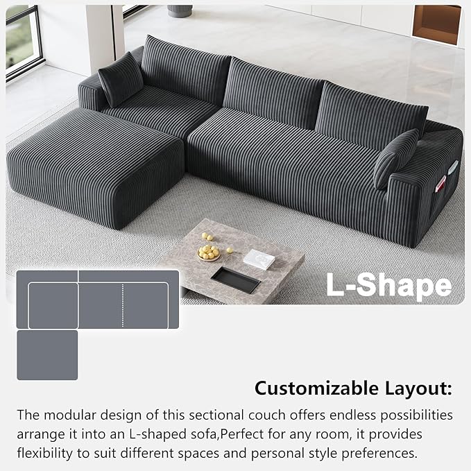 108" Cloud Couch Modular Sectional Sofa for Living Room,L Shaped Boneless Couch with Deep Seat Chaise,No Assembly Required Foam Sleeper Sofa for Apartments,Plush Corduroy Fabric, Dark Gray