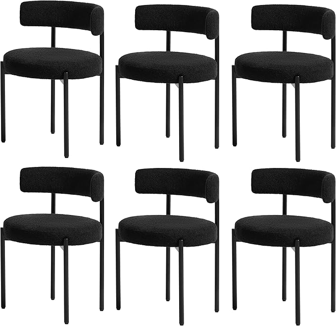 Boucle Dining Chairs Set of 6, Black Dining Chairs with Upholstered Seat and ...