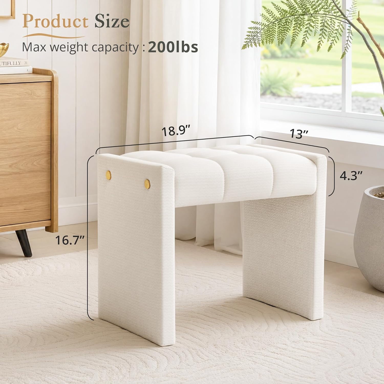 LUE BONA Modern Grid Tufted Vanity Bench Stool, 4.33'' Thick Chenille Upholstered Ottoman Footstool for Makeup Room, Bedroom & Living Room, 200lbs Capacity, White