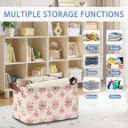 Vintage Pink Rose Storage Baskets,Foldable Large Capacity Organizer Bins with Waterproof Lining and Leather Handles for Closet,Shelf,Bedroom 17x11.5x10Inch