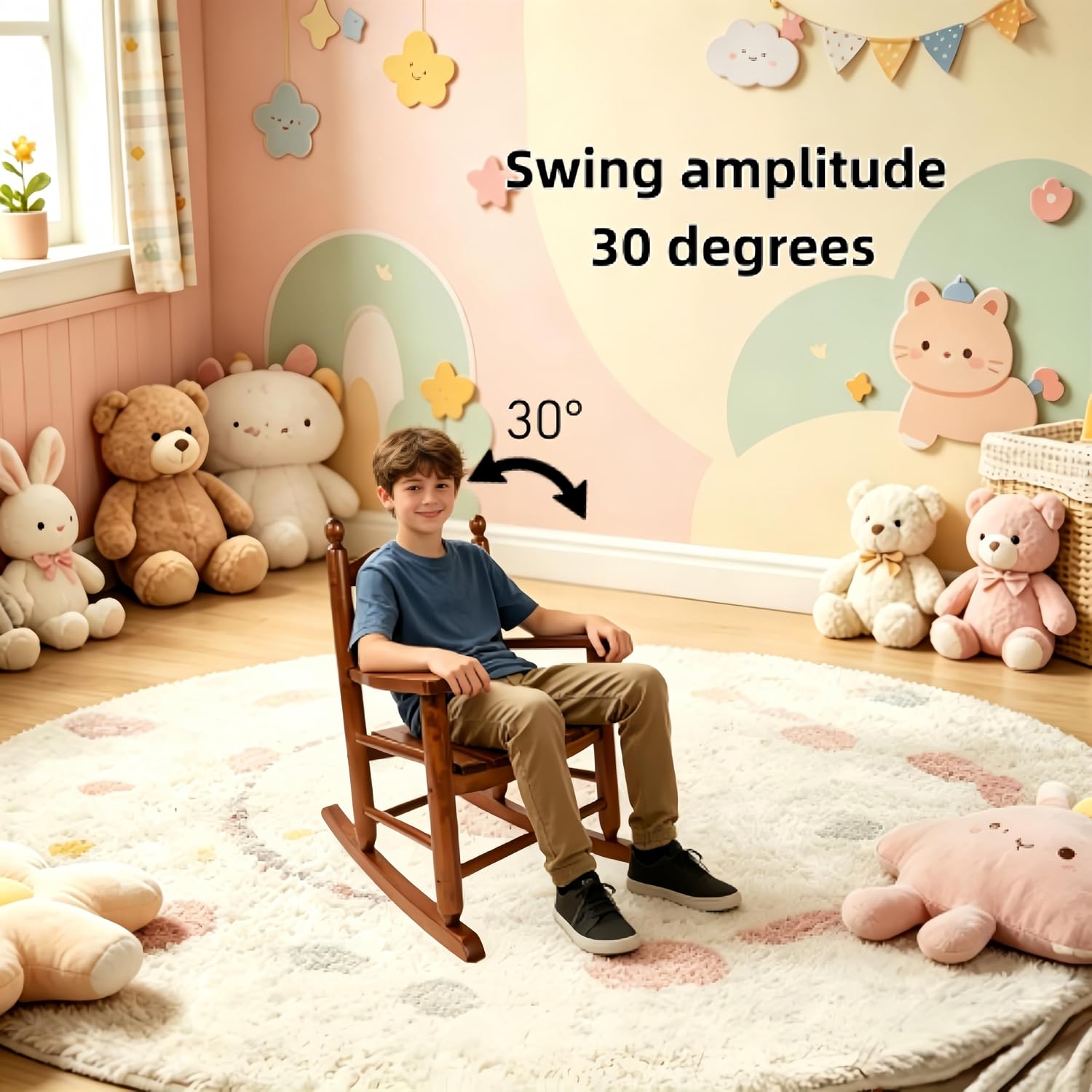 Kids Rocking Chair Comfy Wooden Rocker for Toddler Ages 3-6 Baby Child Chair Indoor Outdoor Children Playroom Anti-Tip Design Safe & Sturdy Brown
