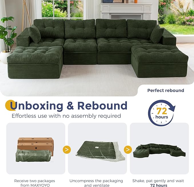 MAXYOYO 132" U Shaped Modular Sectional Sofa with 2 Ottomans, Cloud Boneless Couch with Layered Cushion, Flexible Module Combination Sofa for Living Room, No Assembly Required, Dark Green