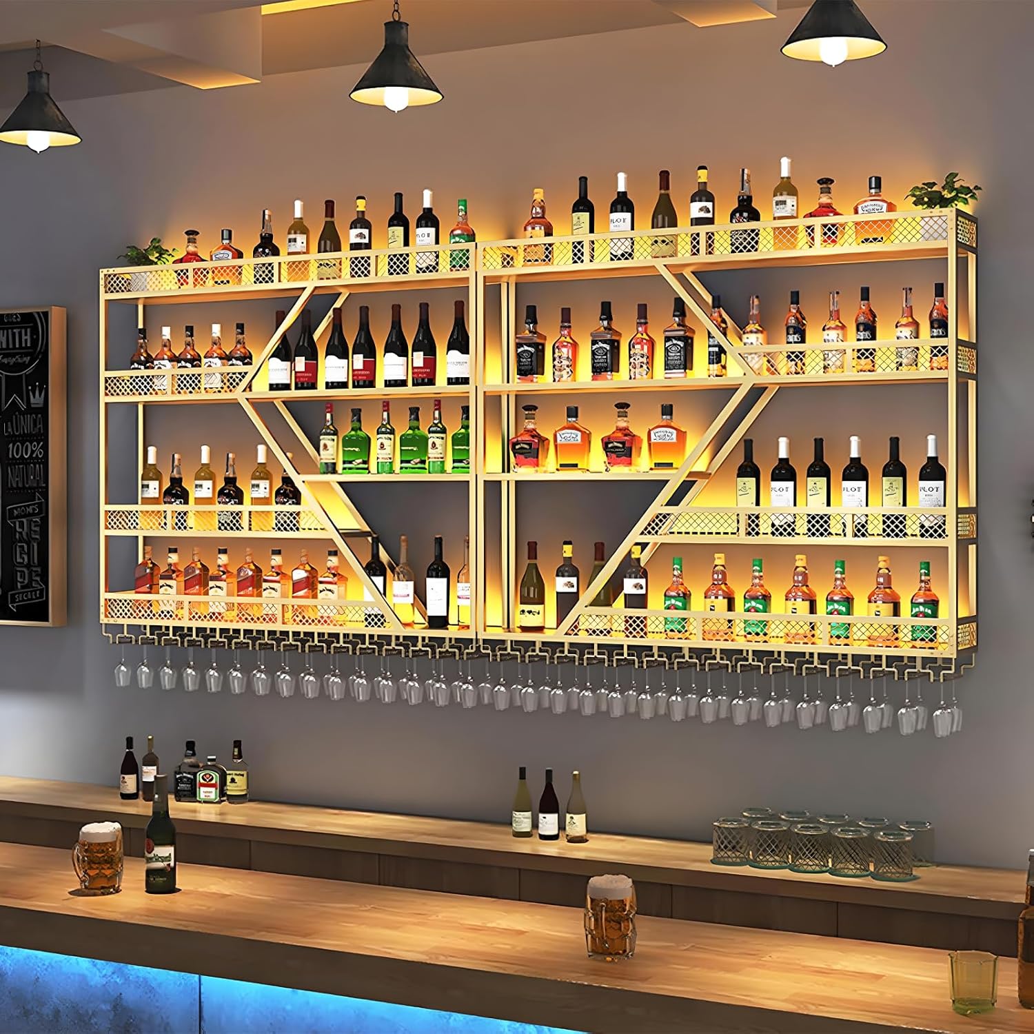 94.48in Metal Wine Rack Wall Mounted, Modern Wine Storage Rack Wall Mounted with Wine Glass Holder, Liquor Shelf, Bar Shelves for Liquor Bottles (4 Tiers Gold, 94.48 * 7.87 * 33.85INCH)
