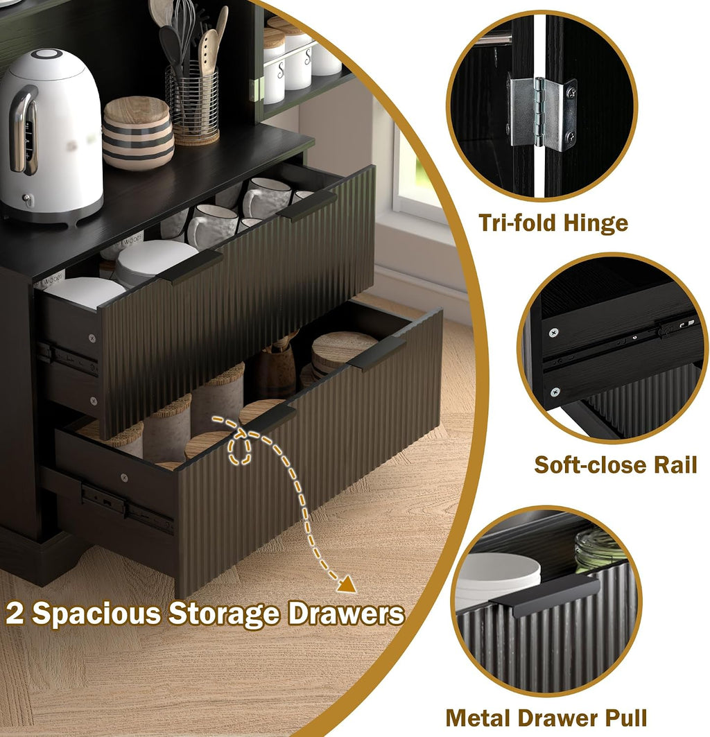 DSHADE 72'' Modern Fluted Kitchen Pantry Cabinet - 2 Drawers & 8-Door Spice Rack, Freestanding Storage Organizer for Bathroom, Dining Room, Office, Entryway, Black, Easy Assembly