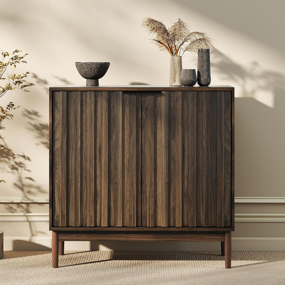 Fluted Buffet Cabinet with Storage, Small Accent Cabinet, Brown