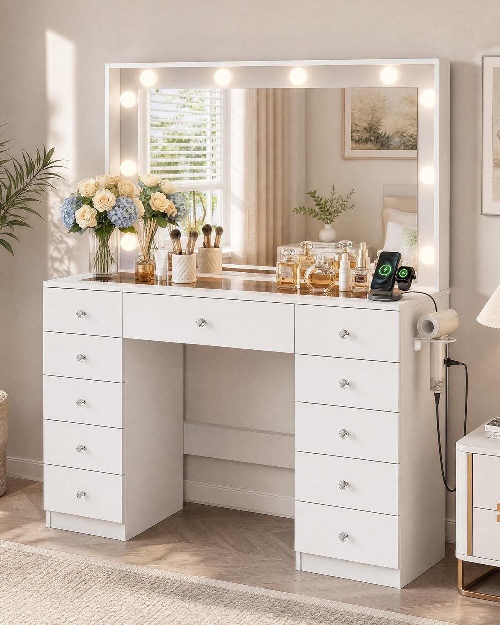 Otterease White Makeup Vanity with Mirror and Lights,11 Drawers & Glass T...