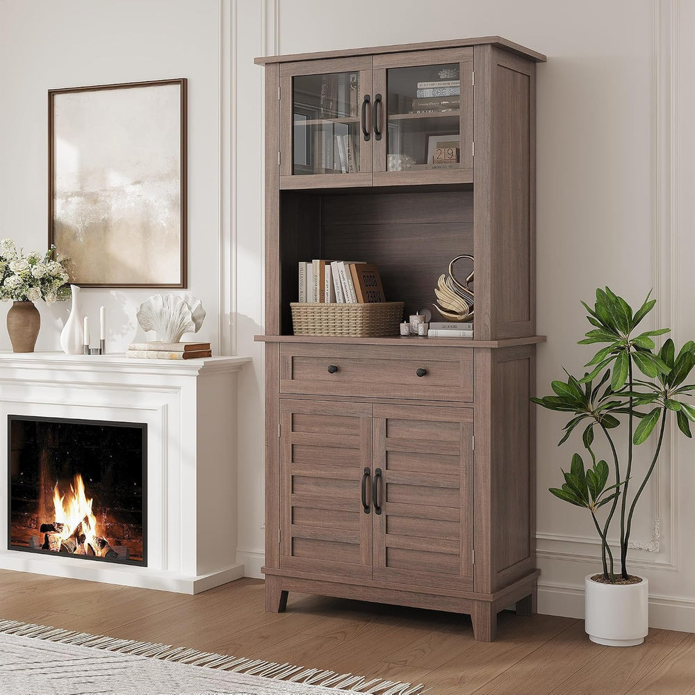 Garvee 72" Tall Kitchen Pantry Cabinet with Hutch and Microwave Stand | ...