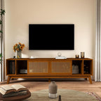Ball & Cast 68" Mid Century Modern TV Stand for TVs up to 75", Media Console with Rattan Sliding Doors, Open Shelves & Solid Wood Legs, Entertainment Center for Living Room,Bedroom,Light Walnut