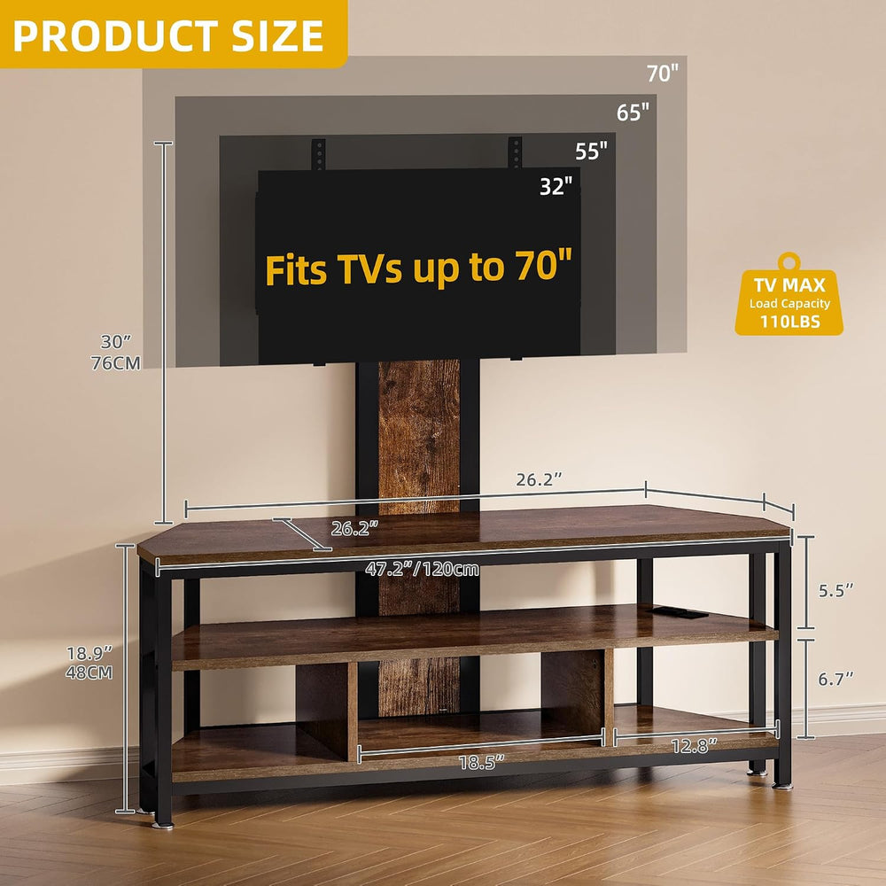 DWVO Corner TV Stand with Mount & LED, Height Adjustable, Rustic Brown | ...