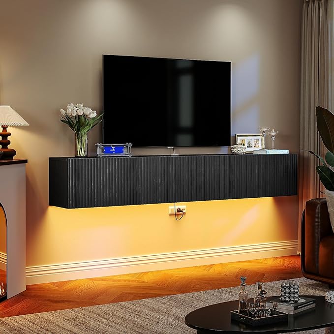 Floating TV Stand with 3 Doors, 63IN Wall Mounted TV Cabinet, Floating Media Console Entertainment Center with Storage, Under TV Shelf for Bedroom Living Room,Black