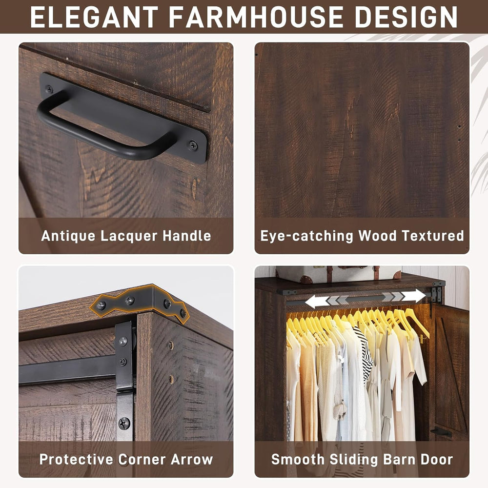 Farmhouse 2 Doors Armoire Wardrobe Closet w/ Folding Sliding Barn Door and Li...
