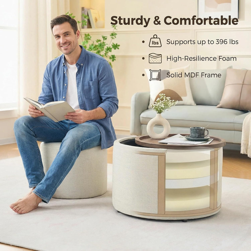 Nesting Storage Ottomans Set of 2, Round Coffee Table with Linen Upholstered ...