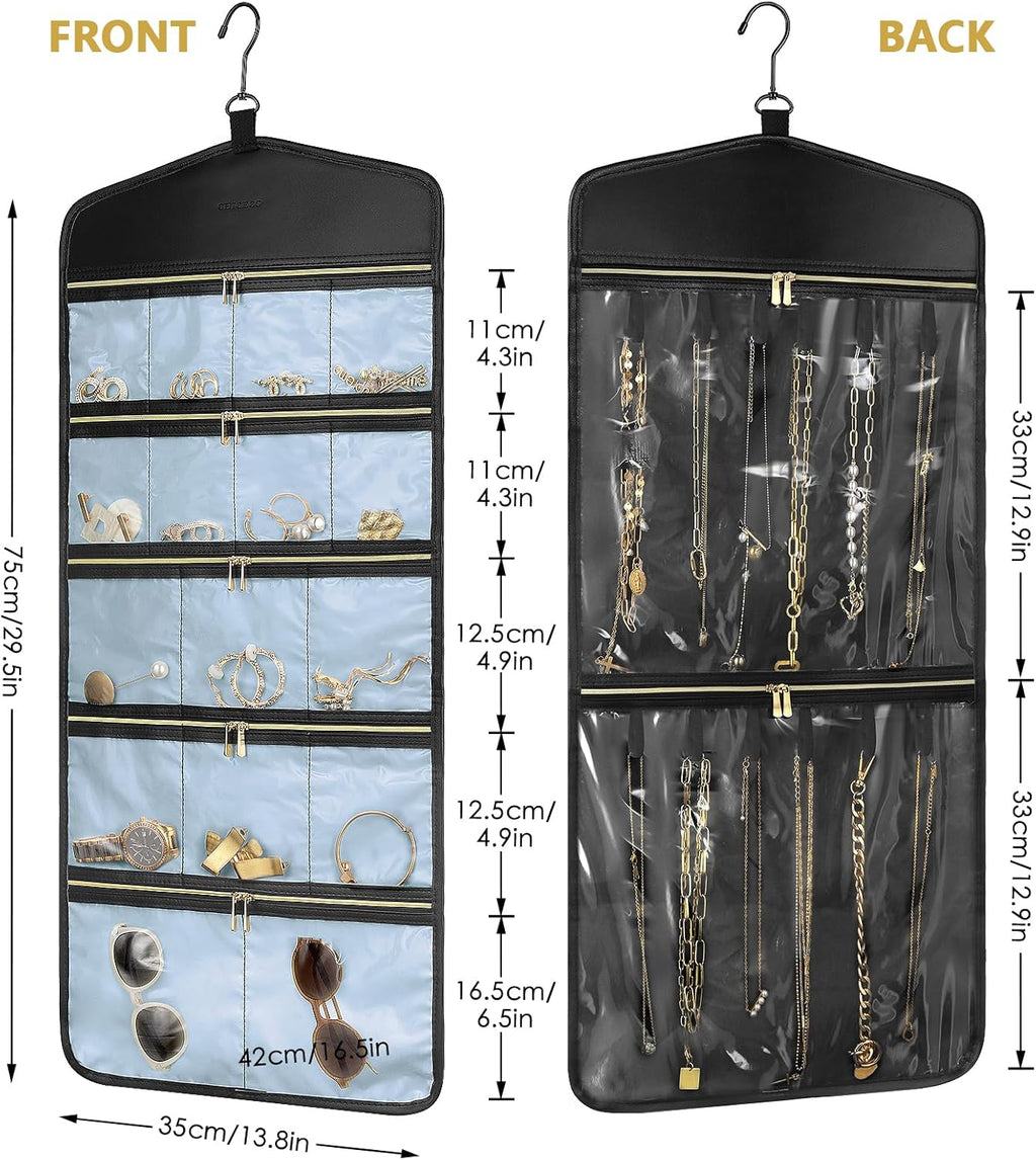 CHICECO Travel Jewelry Holder Organizer,Hanging Jewelry Organizer Storage with Zippered Pockets for Cloest,Jewelry Holder for Earrings, Necklaces (Blue Black)