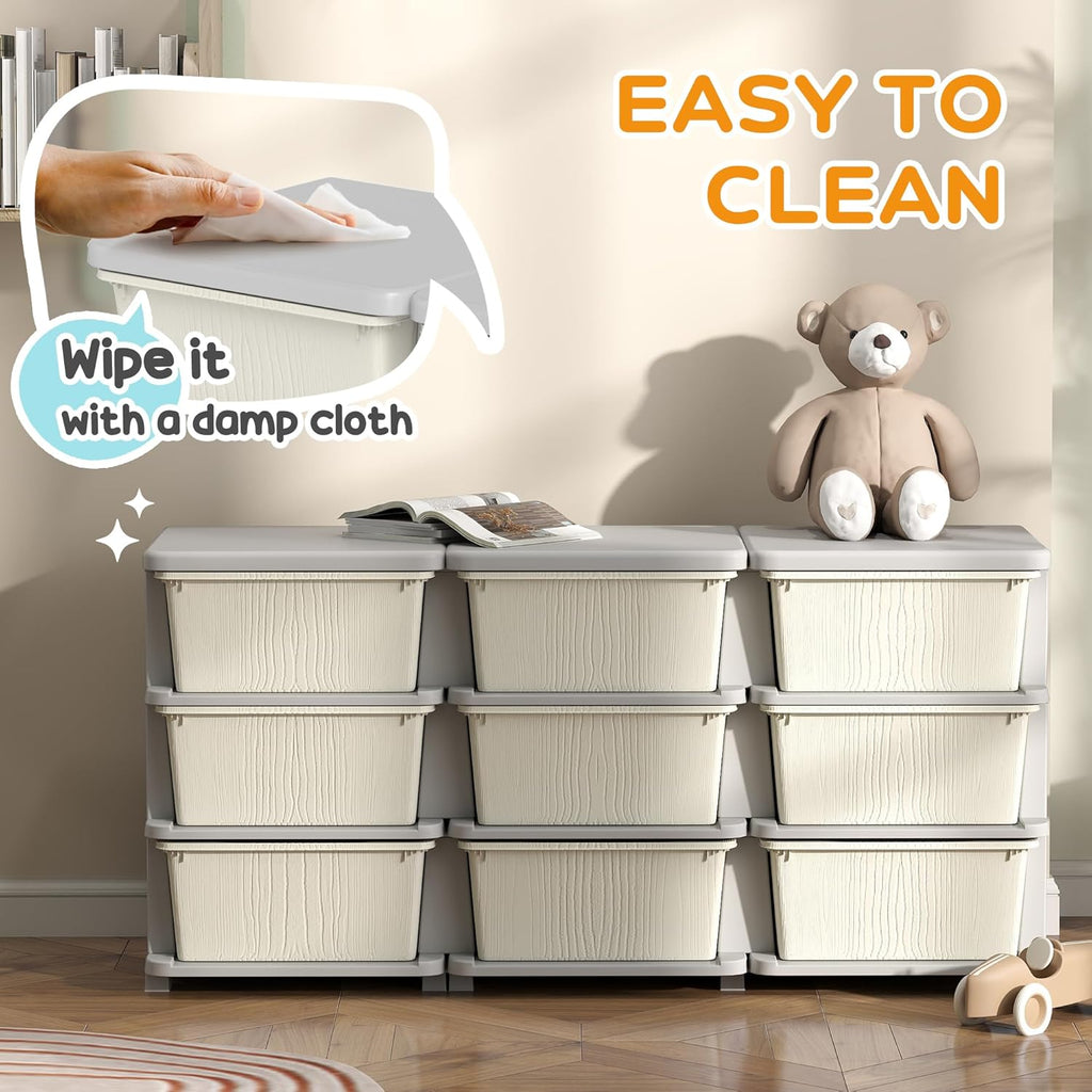 Qaba 3 Tier Kids Storage Unit, 9 Drawer Chest Toy Organizer Plastic Bins for Kids Bedroom Nursery Kindergarten Living Room for Boys Girls Toddlers, Cream White