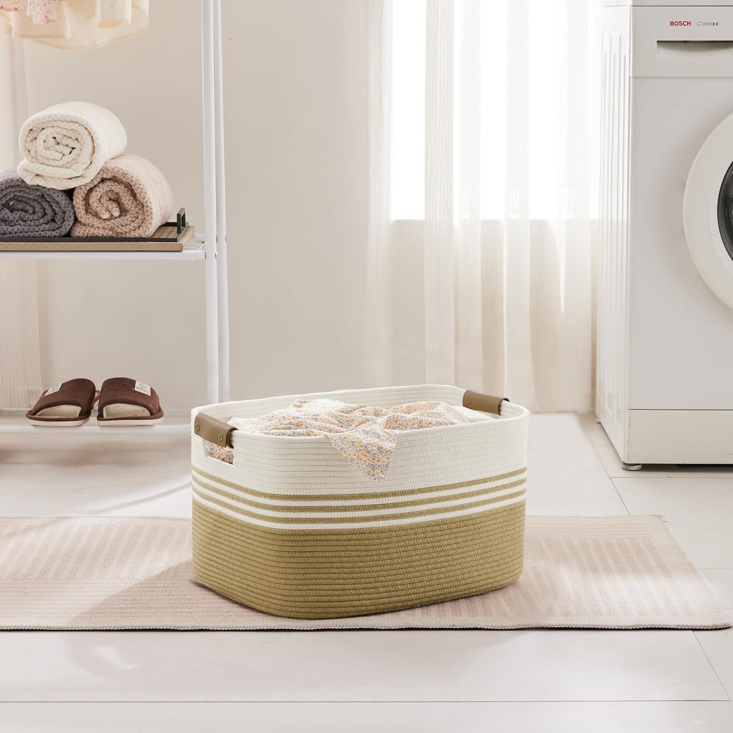 45L Small Laundry Basket with Leather Handles for Living Room Storage, Woven Rope Baskets Bin for Blanket, Kids Toy, Gifts, Wicker Hamper for Bedroom Dirty Clothes, 18"x14"x11" Khaki