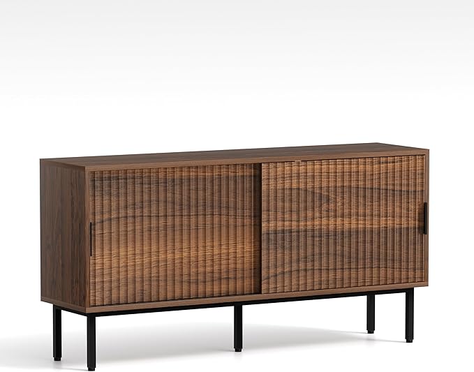 TV Stand for Living Room Farmhouse Entertainment Center with Fluted Sliding Doors TV Console Cabinet with Adjustable Shelf and Storage Media Console, Brown