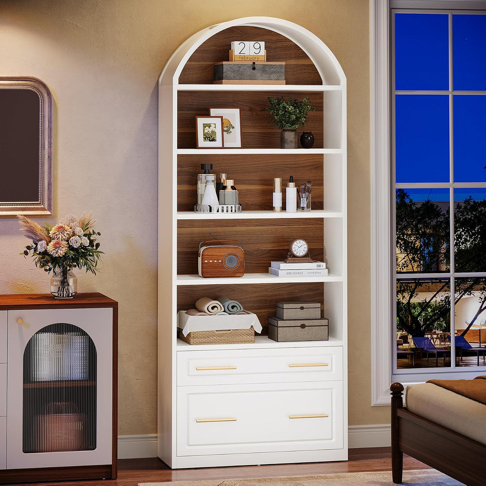 Tribesigns 76.8" Tall Arched 5-Tier Bookcase with File Cabinet Drawer