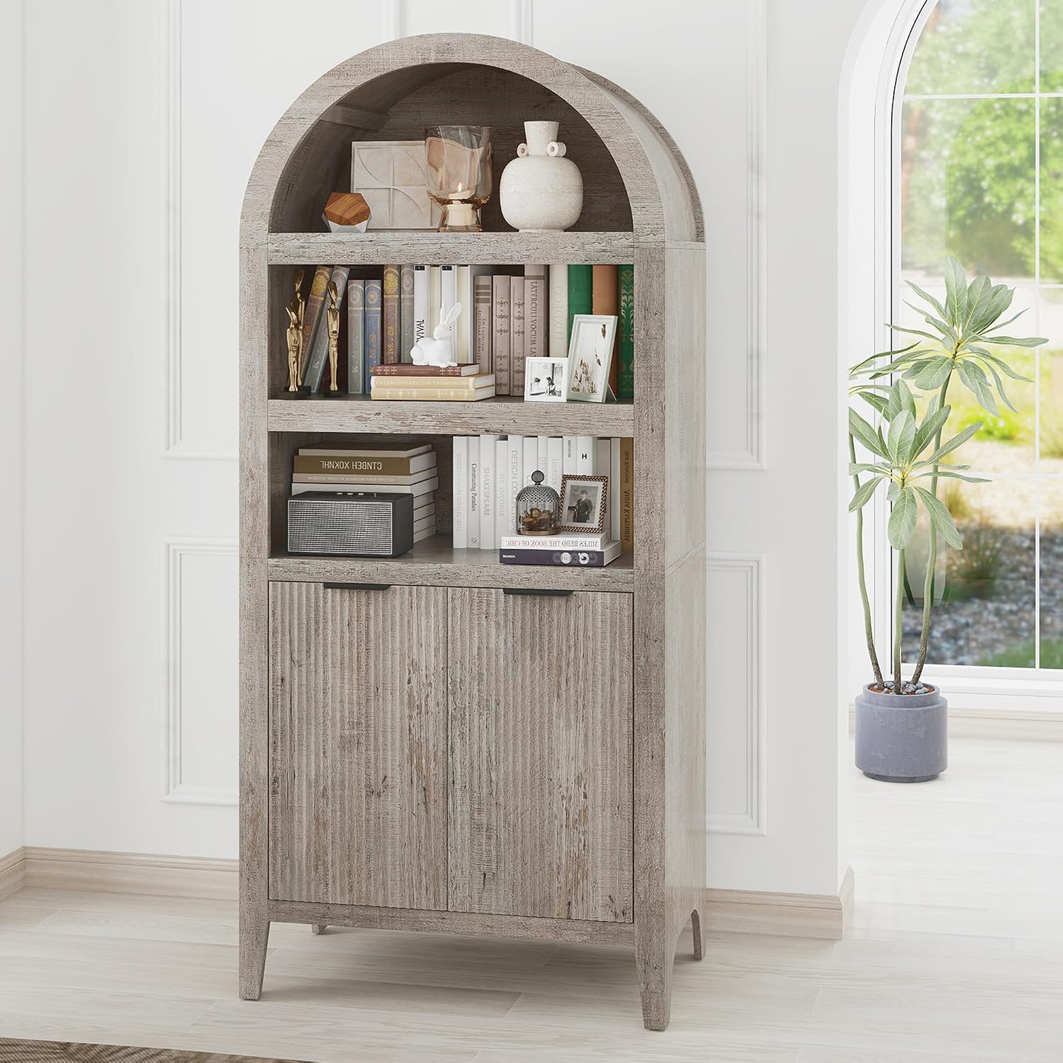 blini 70" Tall Arched Cabinet, Wooden Kitchen Pantry Arched Cabinet with Fluted Doors Versatile Kitchen Hutch Storage Organizer for Dining Room