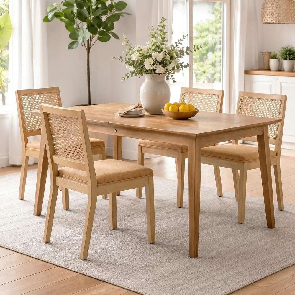 Rattan Dining Chairs Set of 4, French Country Cane Back Upholstered Kitchen C...