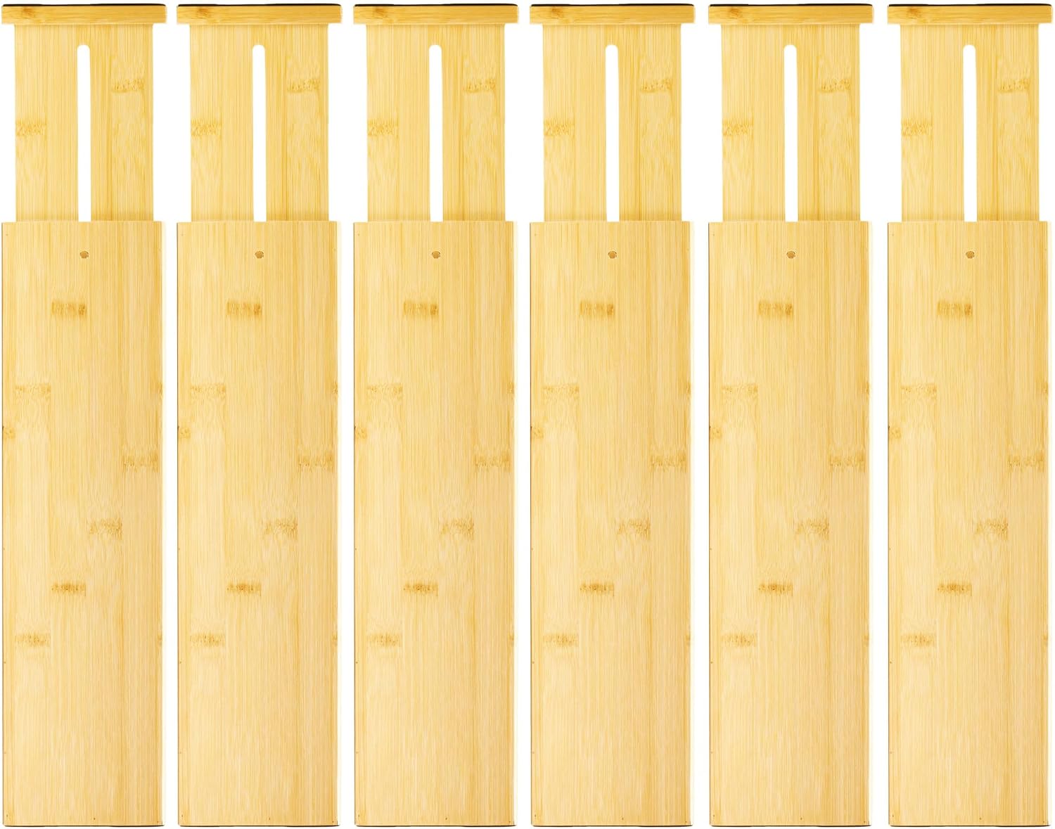 VaeFae 6 Pack Bamboo Drawer Dividers, 4" High Adjustable 11.9-17.1" Clothes Drawer Organizers, Expandable Separators for Bedroom/Bathroom/Kitchen/Office Storage