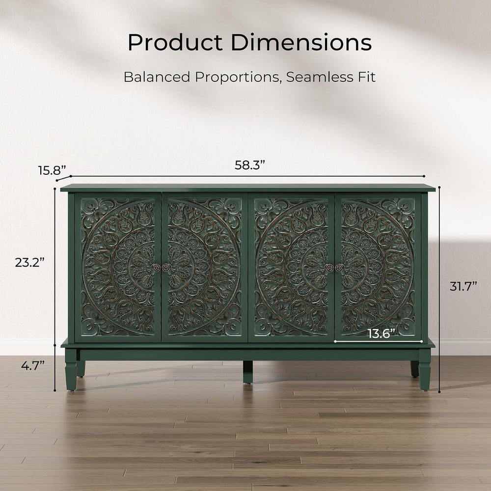 59" Solid Wood Buffet Cabinet, Accent Cabinet, 4 Carved Doors