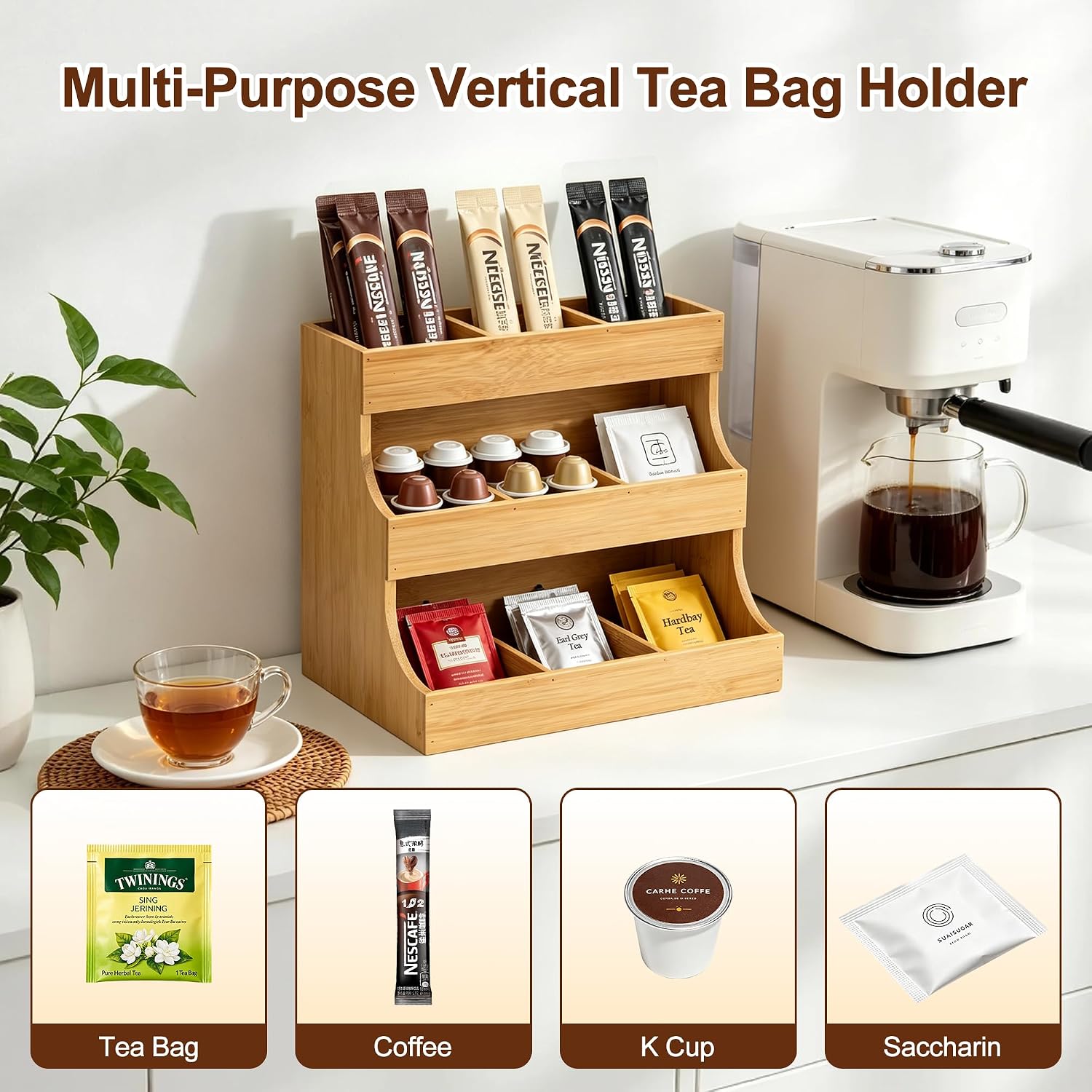 Bamboo Tea Bag Organizer, 3-Tier Vertical Space Saving Storage for Tea Bags, Coffee Pods, Sugar Packets, Countertop Holder for Kitchen, Coffee Bar, Home Office