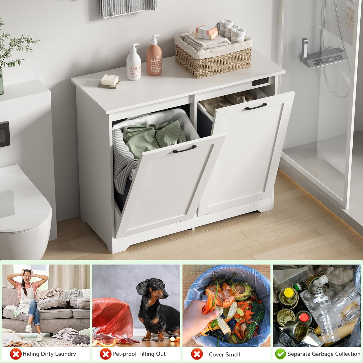 JAXPETY Double Tilt Out Trash Cabinet, Kitchen Hidden Garbage Can with Negative Ion & Deodorizing Function,Free Standing Recycling,Dog Proof 10 Gallon Trash Bin Cabinet for Bathroom, Living Room