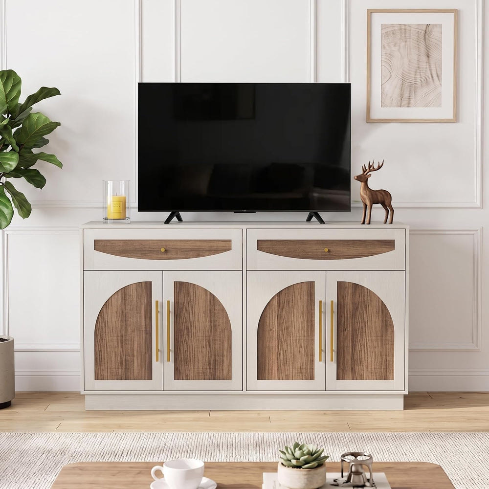 63'' Arched Door Sideboard Buffet Cabinet with Drawers, White and Nat...