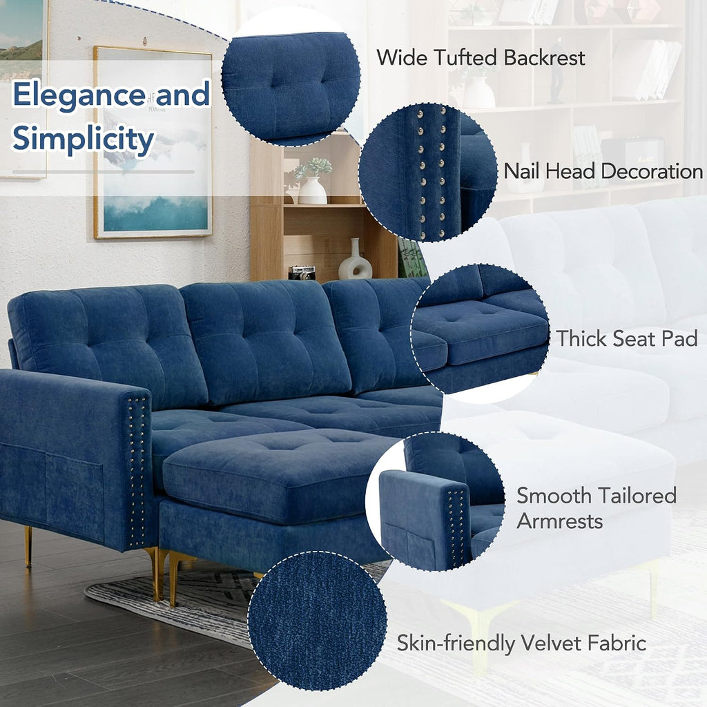 P PURLOVE Velvet Modern Large Sectional Sofa, U Shape Upholstered Couch with Chaise, Convertible Sofa Couch with Movable Ottoman for Living Room Apartment (Blue)