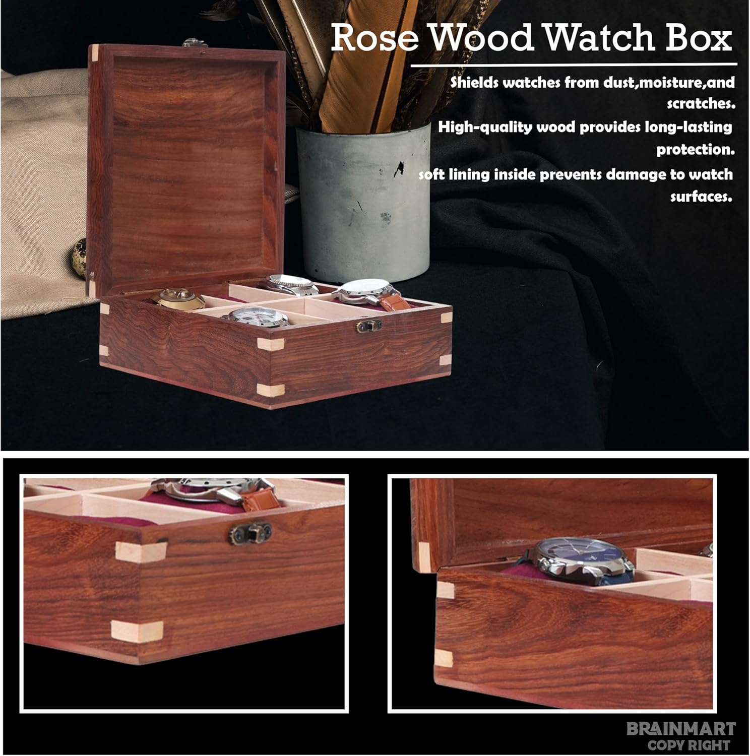 Wooden Watch Box for Men & Women, Watch Organizer & Display Case, Premium Long-Lasting Watch Holder for Storage, Elegant Gift for Watch Collectors (Wood Top, 6 Slots)