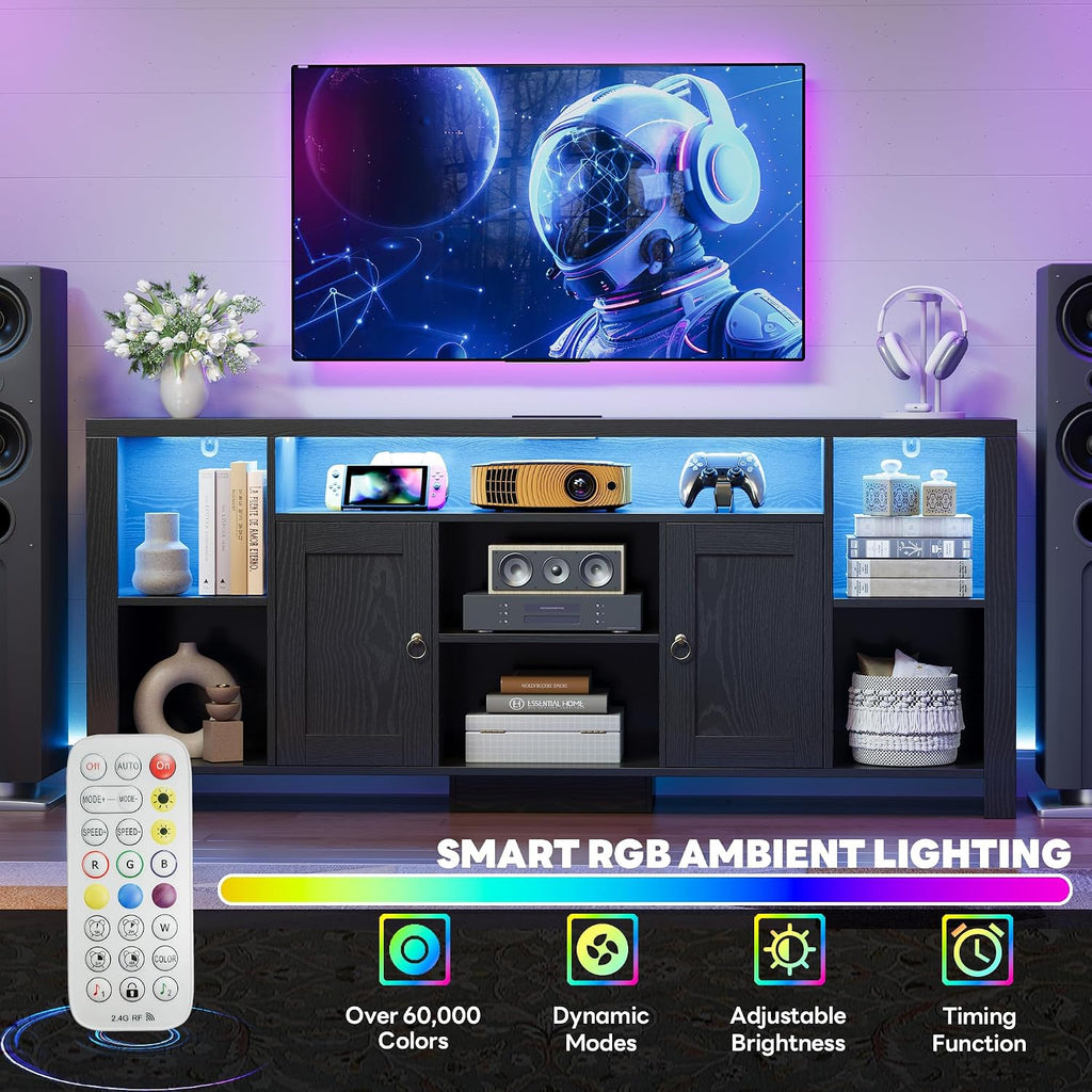 LIKIMIO 70" TV Stand for TVs up to 80", LED Entertainment Center, Black | Built-in Power Outlet, LED Lights, Wood Finish, 2 Storage Cabinets, Adjustable Shelves, TV Console for Living Room