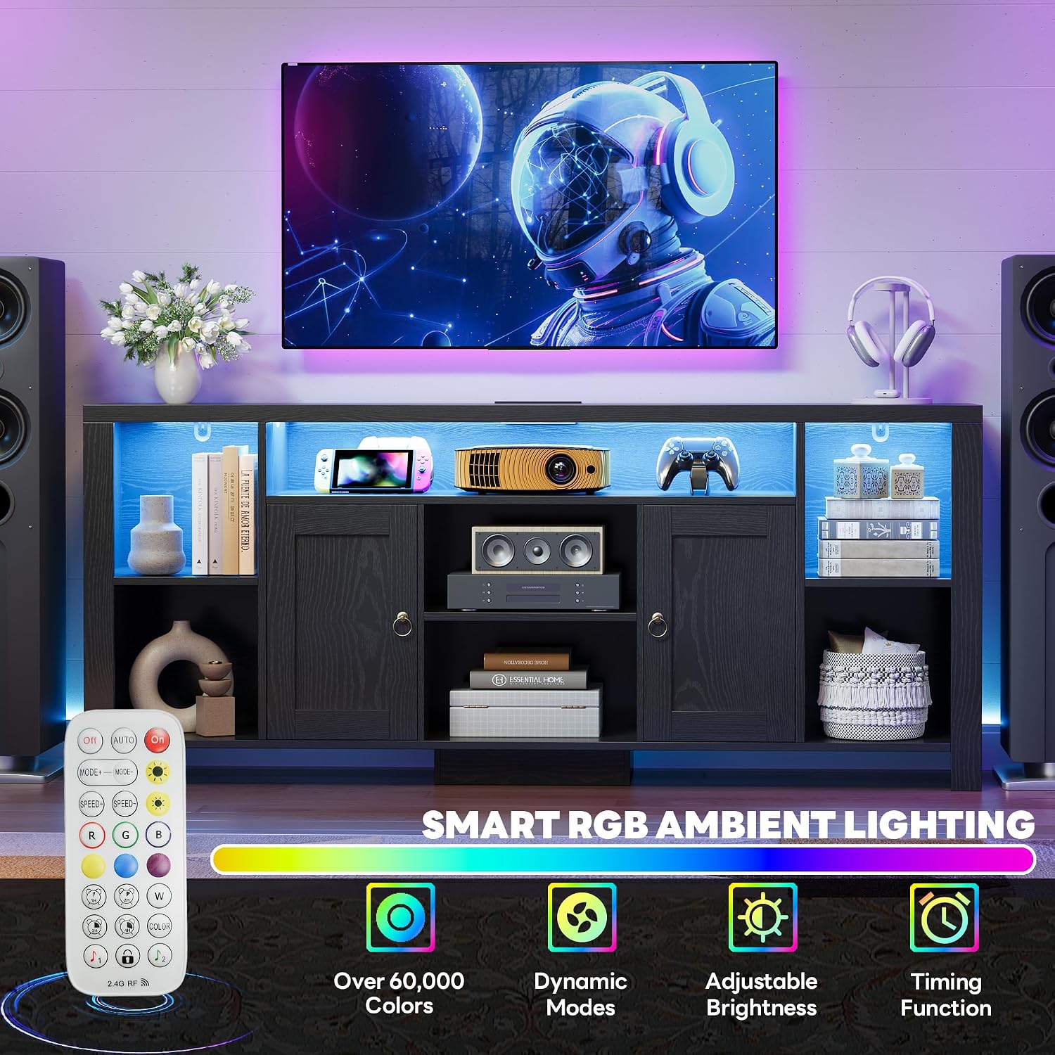 LIKIMIO 70" TV Stand for TVs up to 80", LED Entertainment Center, Black | Built-in Power Outlet, LED Lights, Wood Finish, 2 Storage Cabinets, Adjustable Shelves, TV Console for Living Room