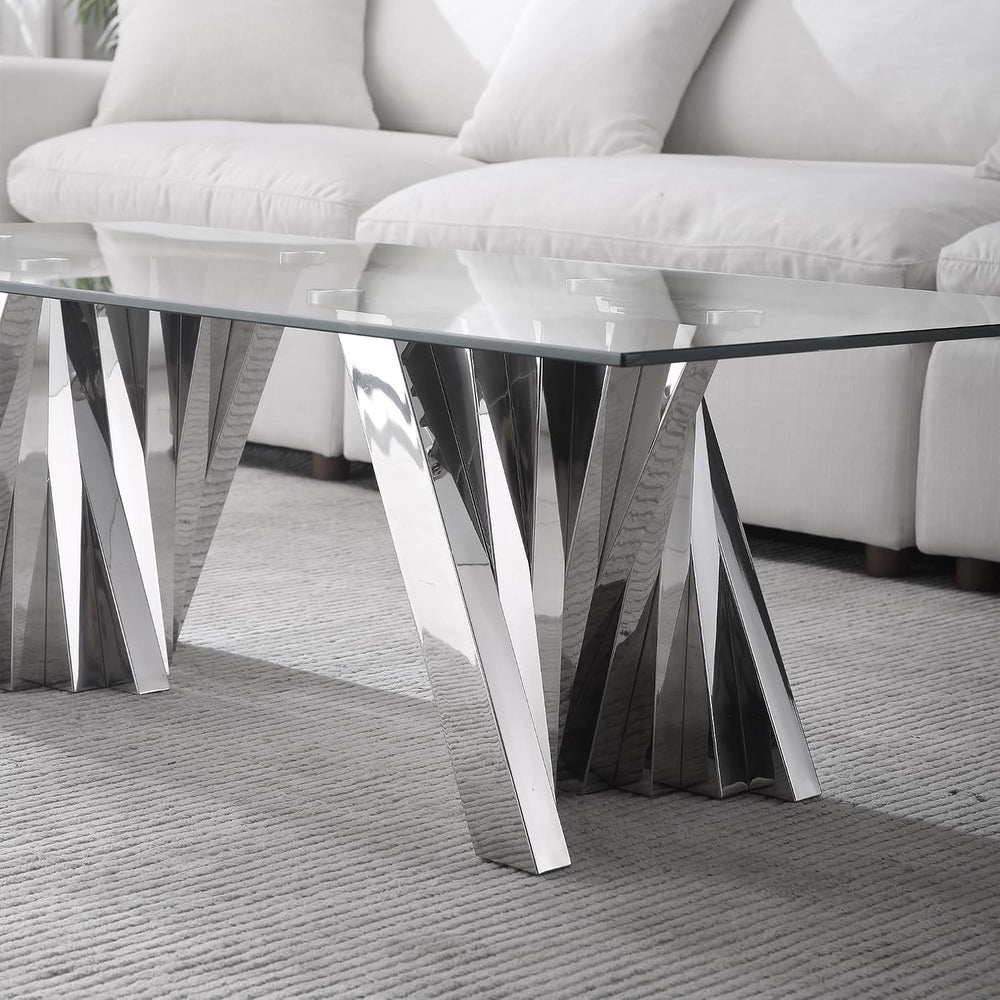 HomVent Glass Coffee Table with Silver Stainless Steel Base | 47"Rectang...