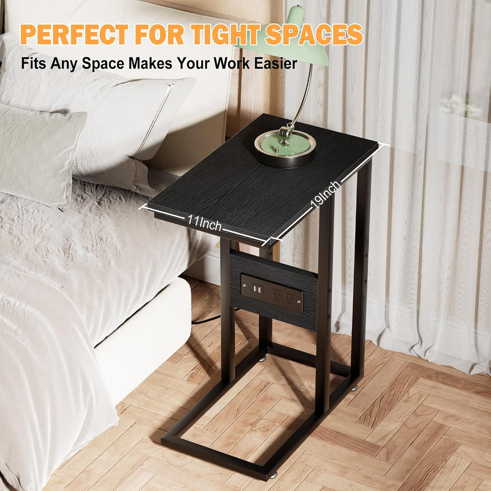 VECELO C Shaped End Table with Charging Station & Power Outlets, Quick Ac...
