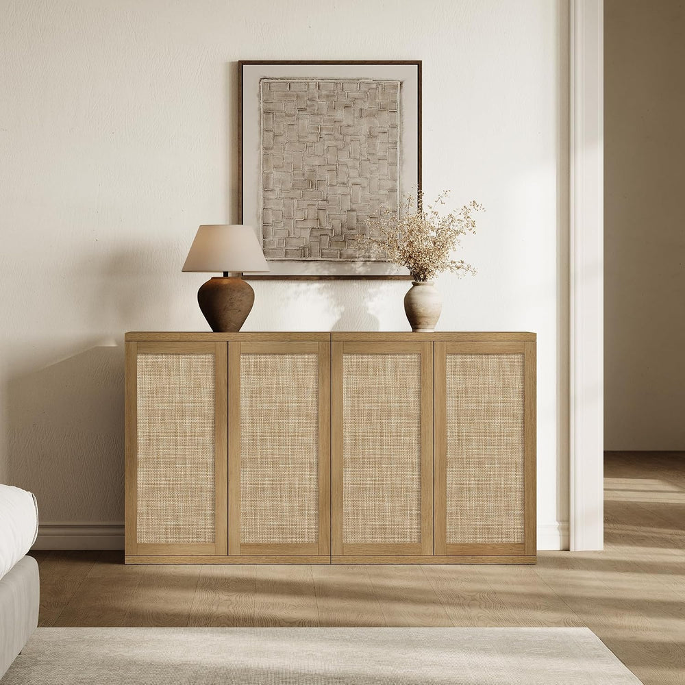 SICOTAS Rattan Sideboard Buffet Console Cabinet - 2 Pieces Boho Coffee Bar Ca...