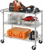 Finnhomy 3 Tier Heavy Duty Commercial Grade Utility Cart, Wire Rolling Cart with Pushing Handle Bar, Steel Metal Kitchen Service Trolly with Wheels, Shelf Size 18" D x 36" W, NSF, Chrome