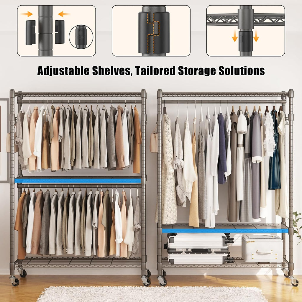 BATHWA Heavy Duty Garment Rack on Wheels, Rolling Clothes Racks for hanging clothes, Simple Sturdy Wardrobe Rack with Double Hanging Rods, 8 Side Hangers, Gray