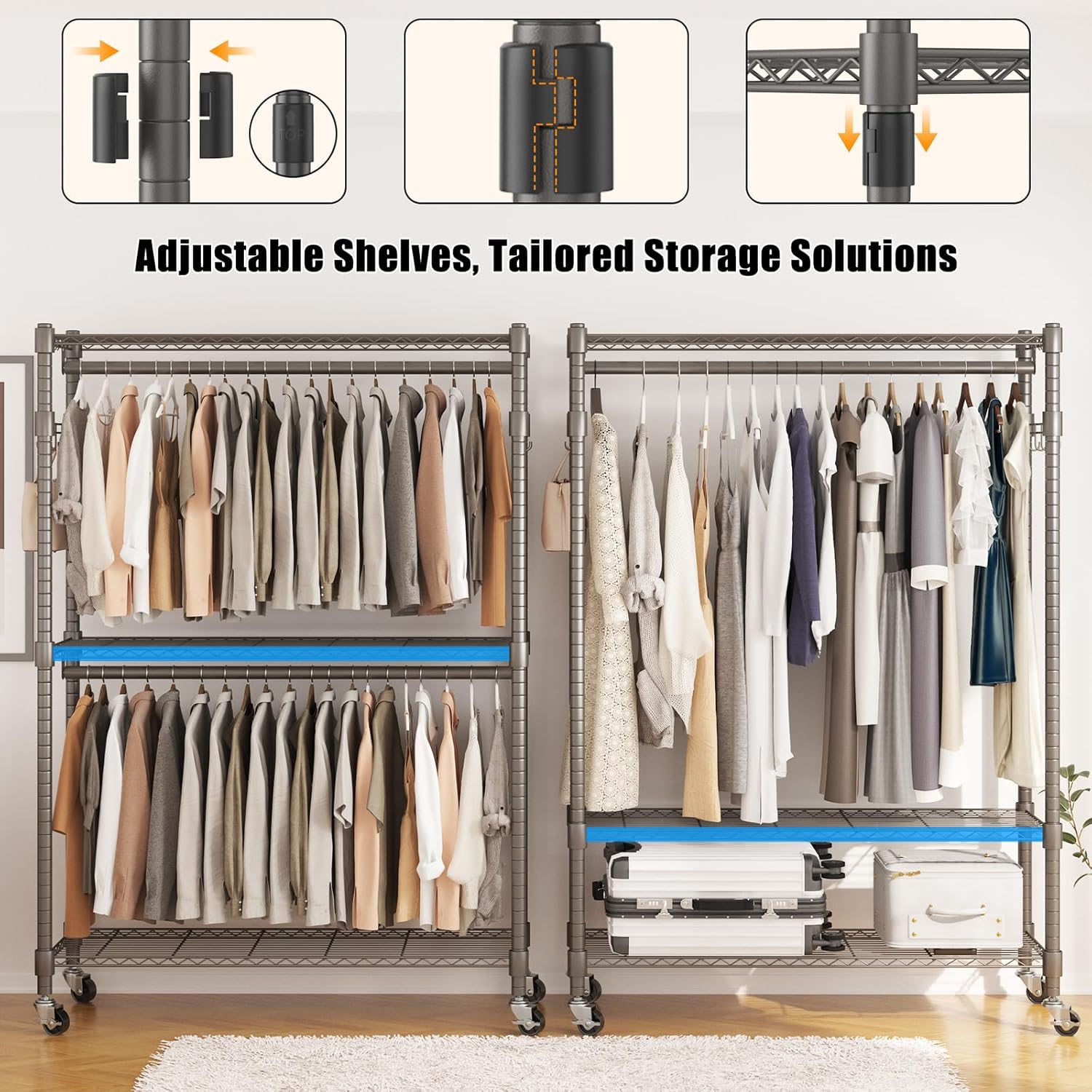 BATHWA Heavy Duty Garment Rack on Wheels, Rolling Clothes Racks for hanging clothes, Simple Sturdy Wardrobe Rack with Double Hanging Rods, 8 Side Hangers, Gray