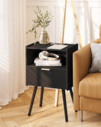 Black Nightstand with Outlet,Modern Bedside Table with Storage Drawer and Open Wood Shelf, for Living Room, Bedroom and Small Spaces, Accent Night Stand with Solid Wood Legs, Easy Assembly