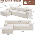 107" Modular Sectional Cloud Couch, Boneless couches Sponge sectionals for Living Room, High Density Sponges Sofa, Modular L-Shape with Chaise, Beige
