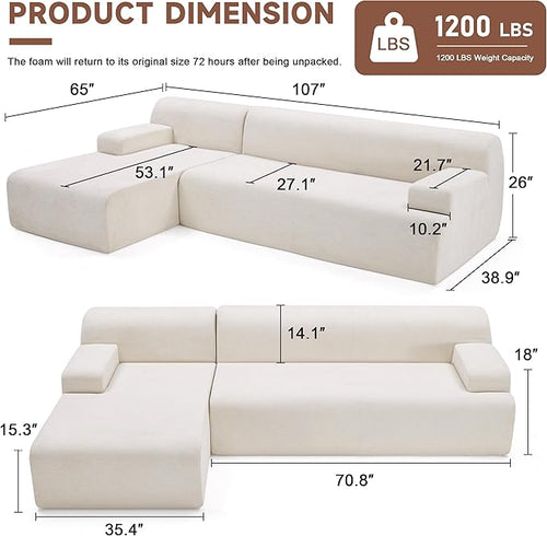 107" Modular Sectional Cloud Couch, Boneless couches Sponge sectionals for Living Room, High Density Sponges Sofa, Modular L-Shape with Chaise, Beige