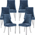 Navy Mid Century Dining Chairs Set of 6, Modern Kitchen & Dining Room Chairs Set of 6, Chenille Fabric Upholstered Kitchen Chairs, Sillas de Comedor, Silver Legs (Blue, 6 Pcs)