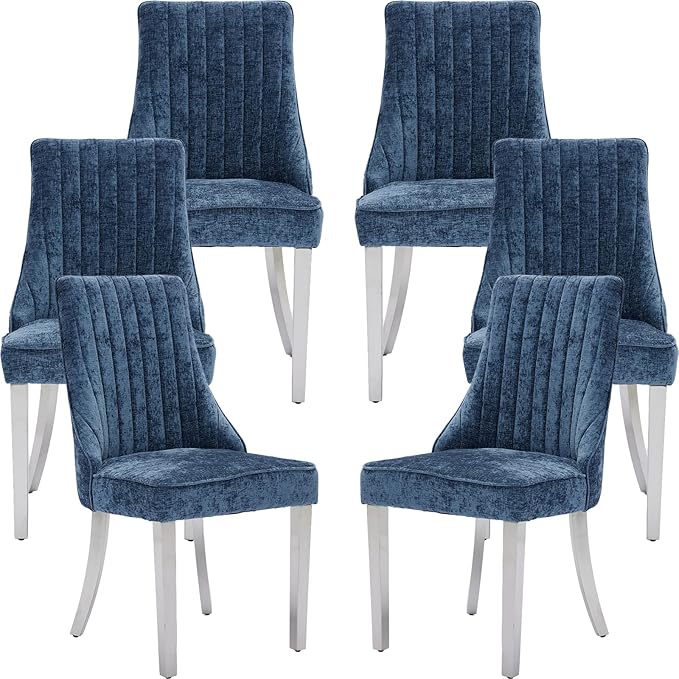 Navy Mid Century Dining Chairs Set of 6, Modern Kitchen & Dining Room Chairs Set of 6, Chenille Fabric Upholstered Kitchen Chairs, Sillas de Comedor, Silver Legs (Blue, 6 Pcs)
