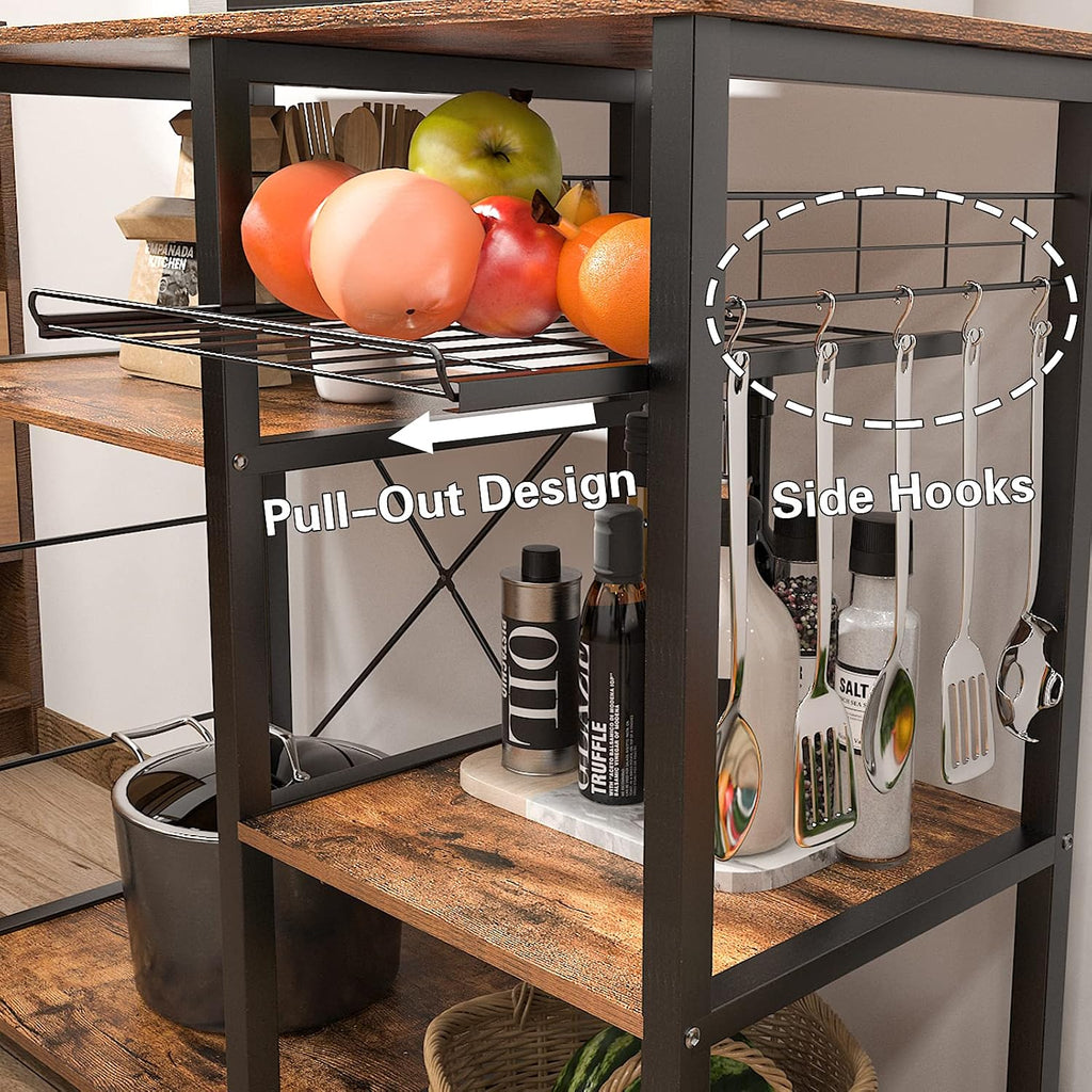DlandHome Kitchen Bakers Rack with Storage Stand for Kitchen, Industrial Kitchen Baker's Rack, 35.4 inches Microwave Oven Stand, 3-Tier+4-Tier Utility Storage Shelf with Hooks and Basket Rustic Brown