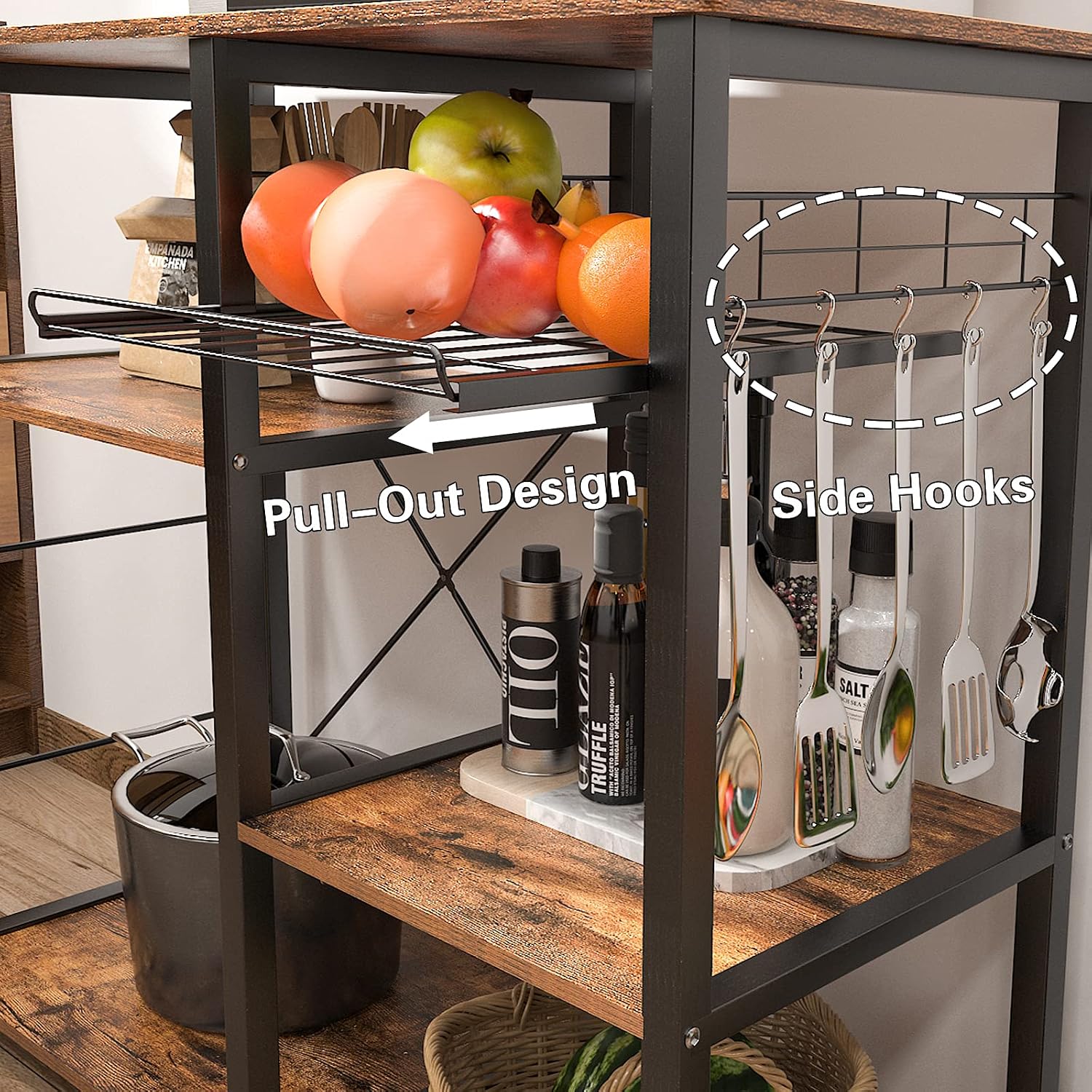 DlandHome Kitchen Bakers Rack with Storage Stand for Kitchen, Industrial Kitchen Baker's Rack, 35.4 inches Microwave Oven Stand, 3-Tier+4-Tier Utility Storage Shelf with Hooks and Basket Rustic Brown